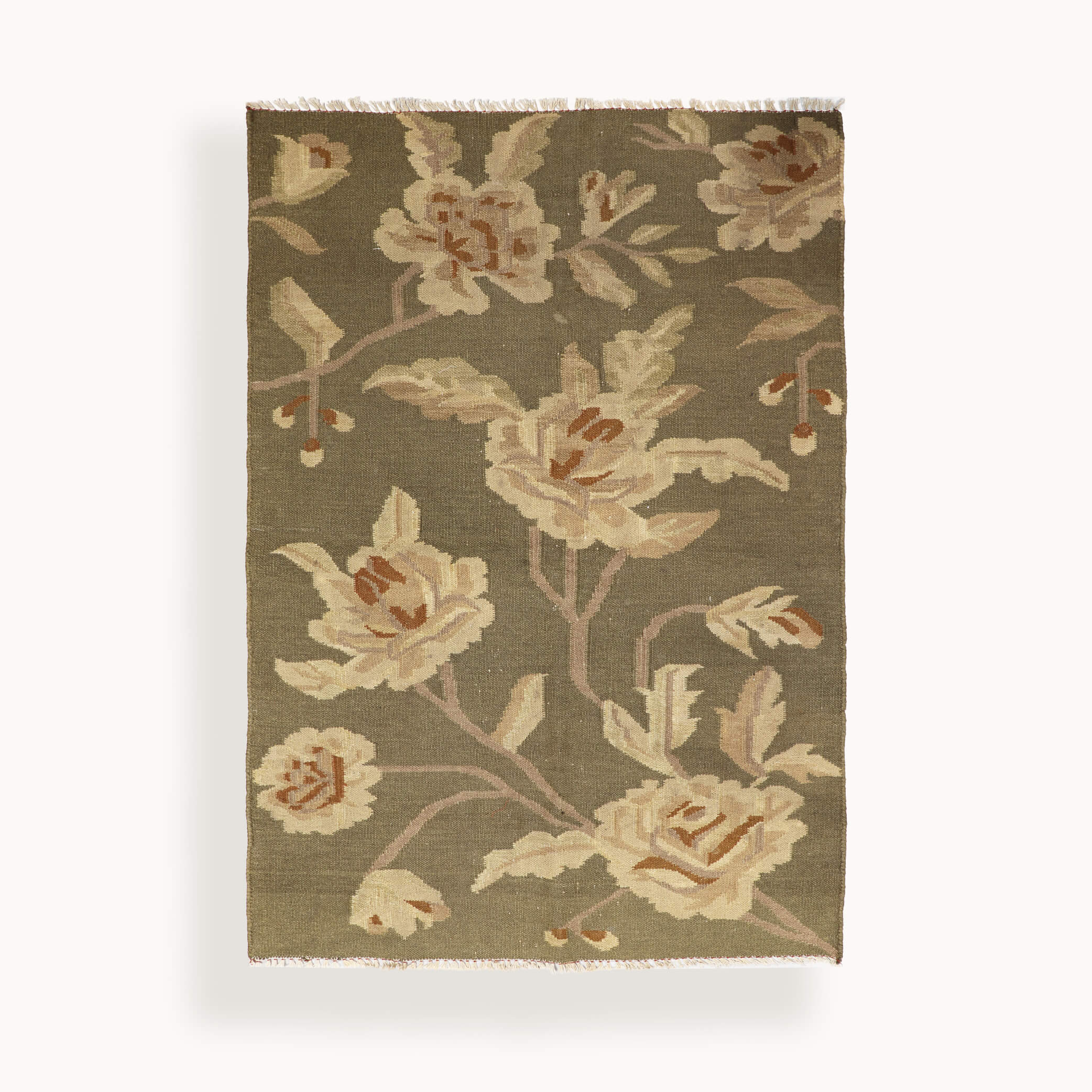 Khaki Floral Swedish Flat Wool Weave  - W96cm x L144cm