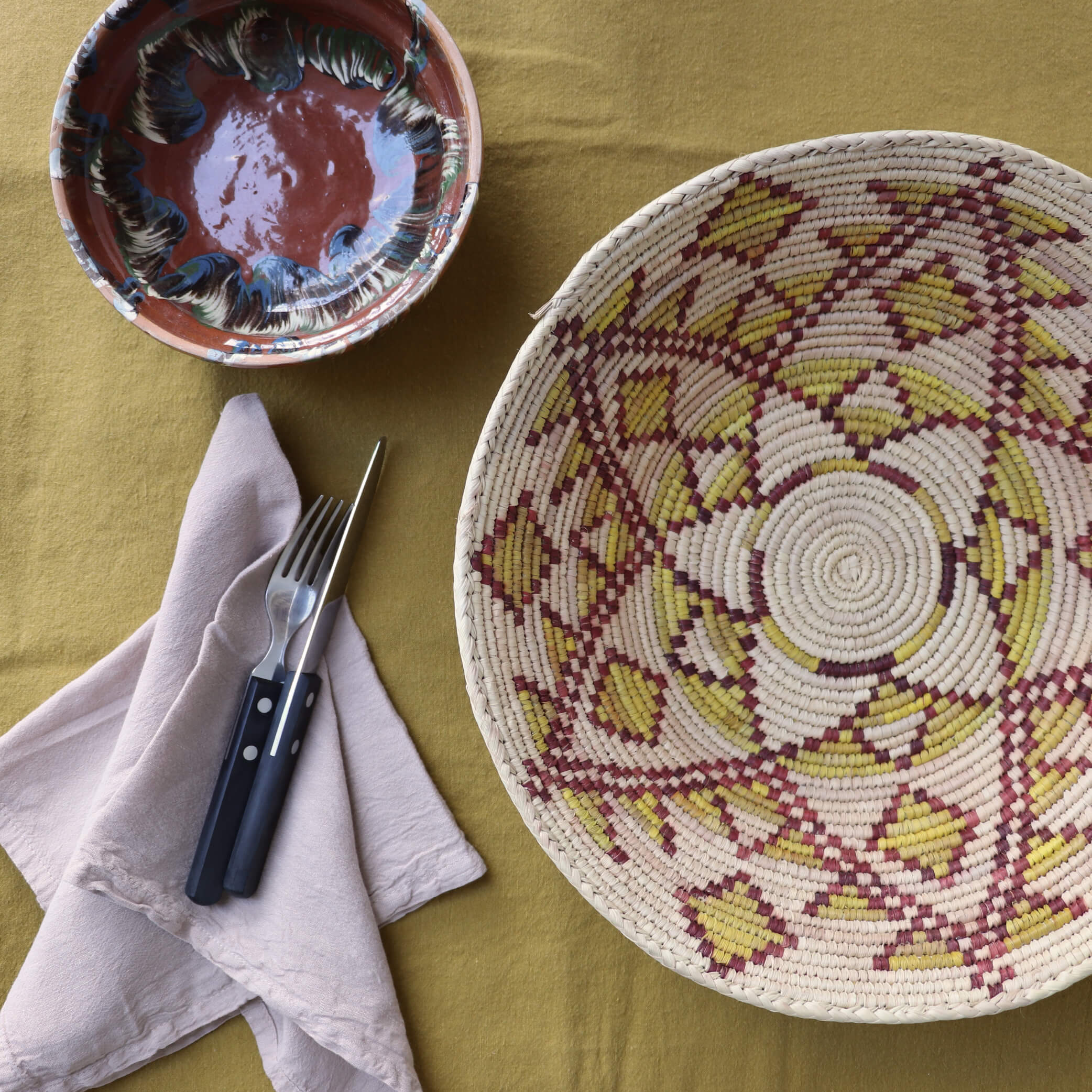 Tribal Hand Woven Coil Basket Bowl - Yellow Diamond