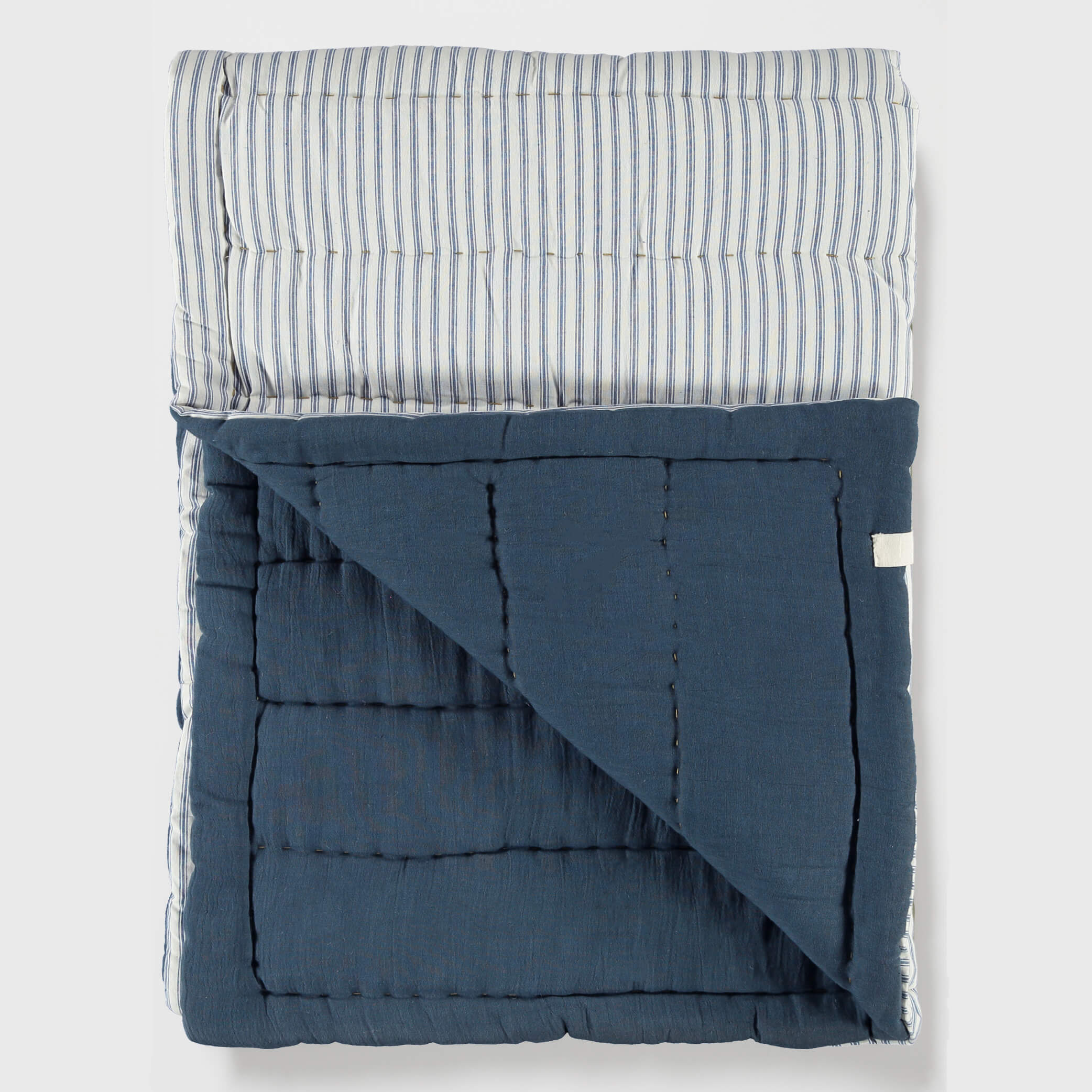 Blue Ticking Stripe Hand Quilted Blanket