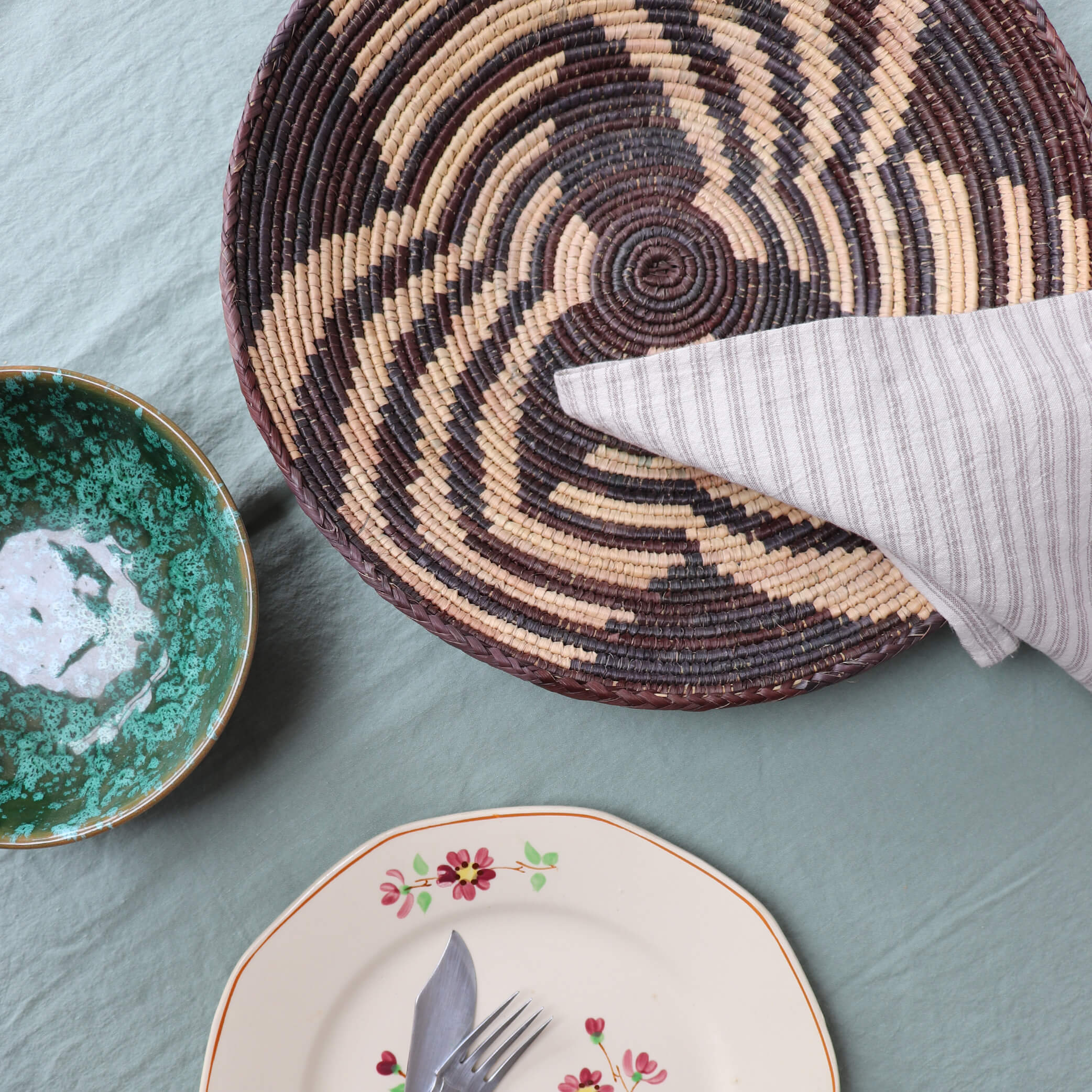 Tribal Hand Woven Coil Basket Bowl - Brown Swirl