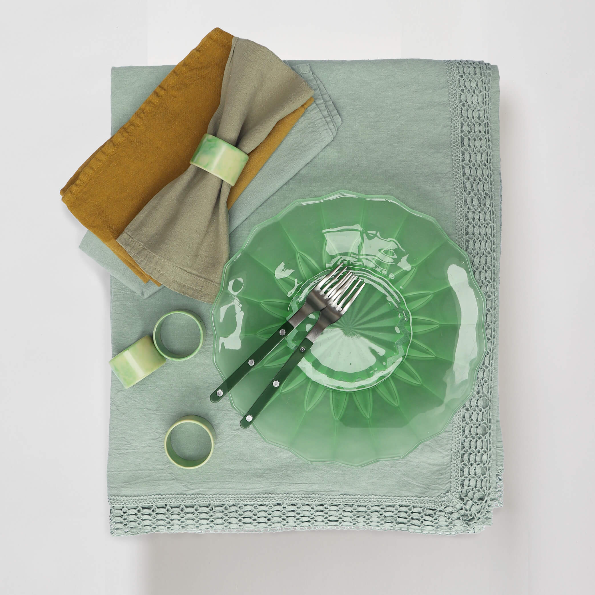 Washed Linen Cotton Tablecloth with Lace edge - Celedon Green