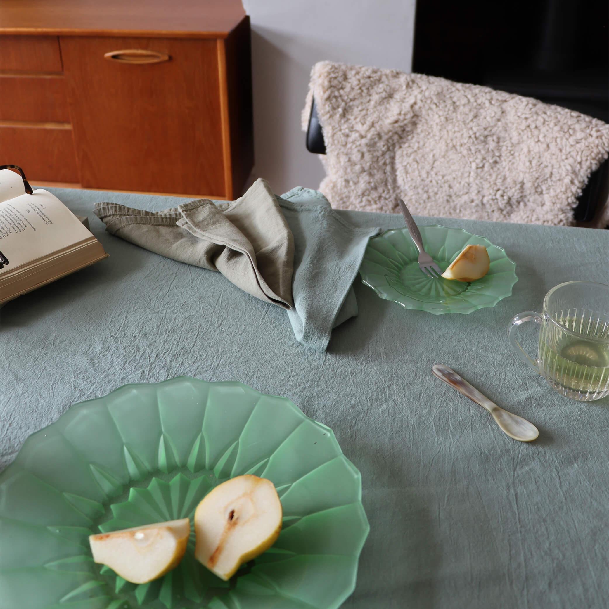 Washed Linen Cotton Tablecloth with Lace edge - Celedon Green