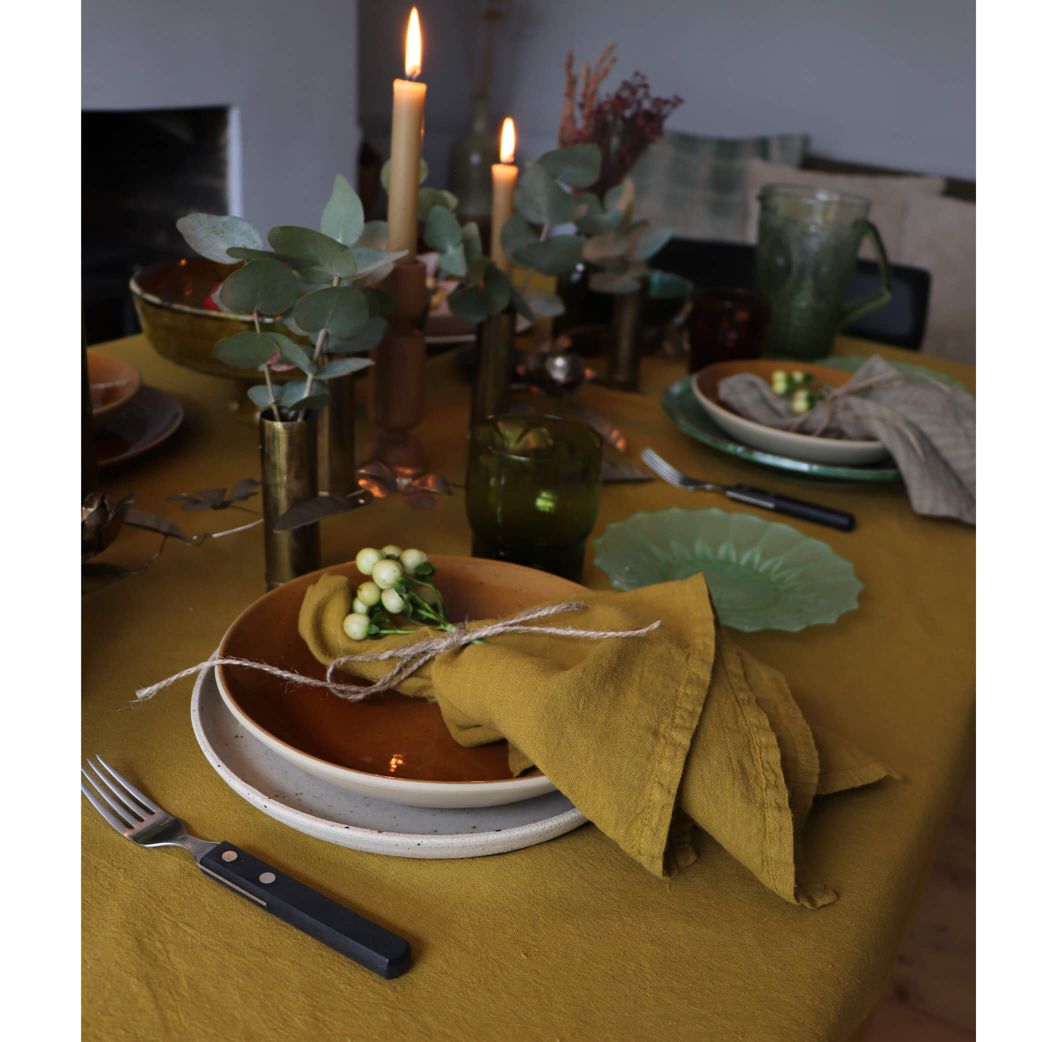 Washed Linen Cotton Tablecloth with Lace edge - Cumin