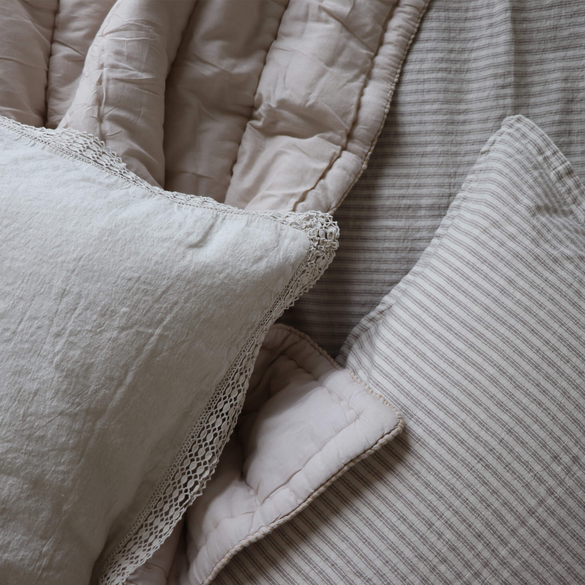 Washed Linen Cotton Ticking Stripe Pillowcase - Mineral