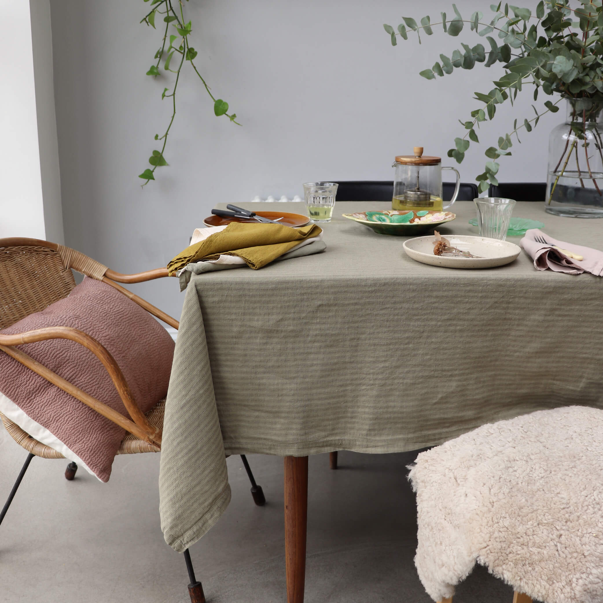 Washed Linen Cotton Ticking Stripe Tablecloth  - Olive