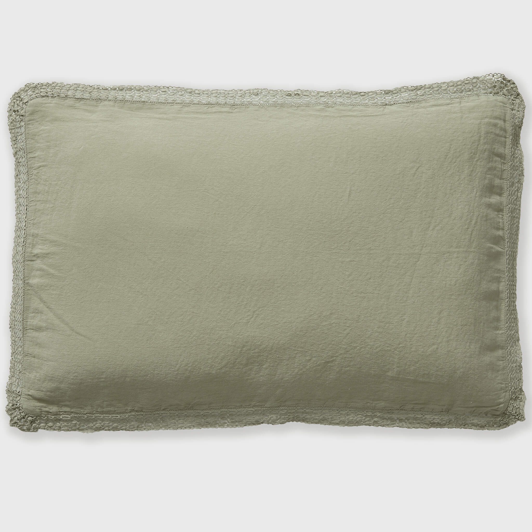 Washed Linen Cotton  Oxford Pillowcase with Lace Edge - Olive