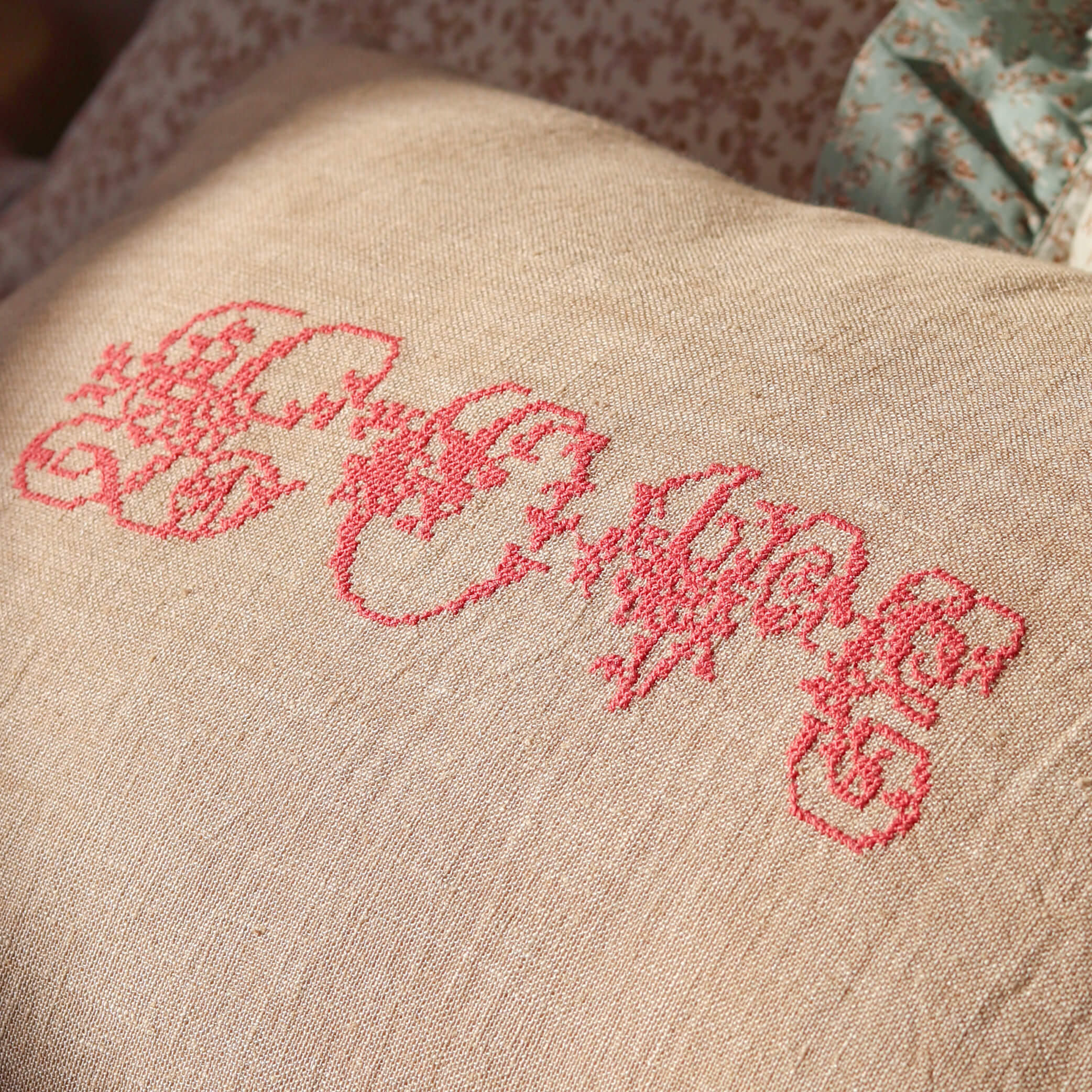 LOVE Embroidered Vintage Cream Linen Cushion