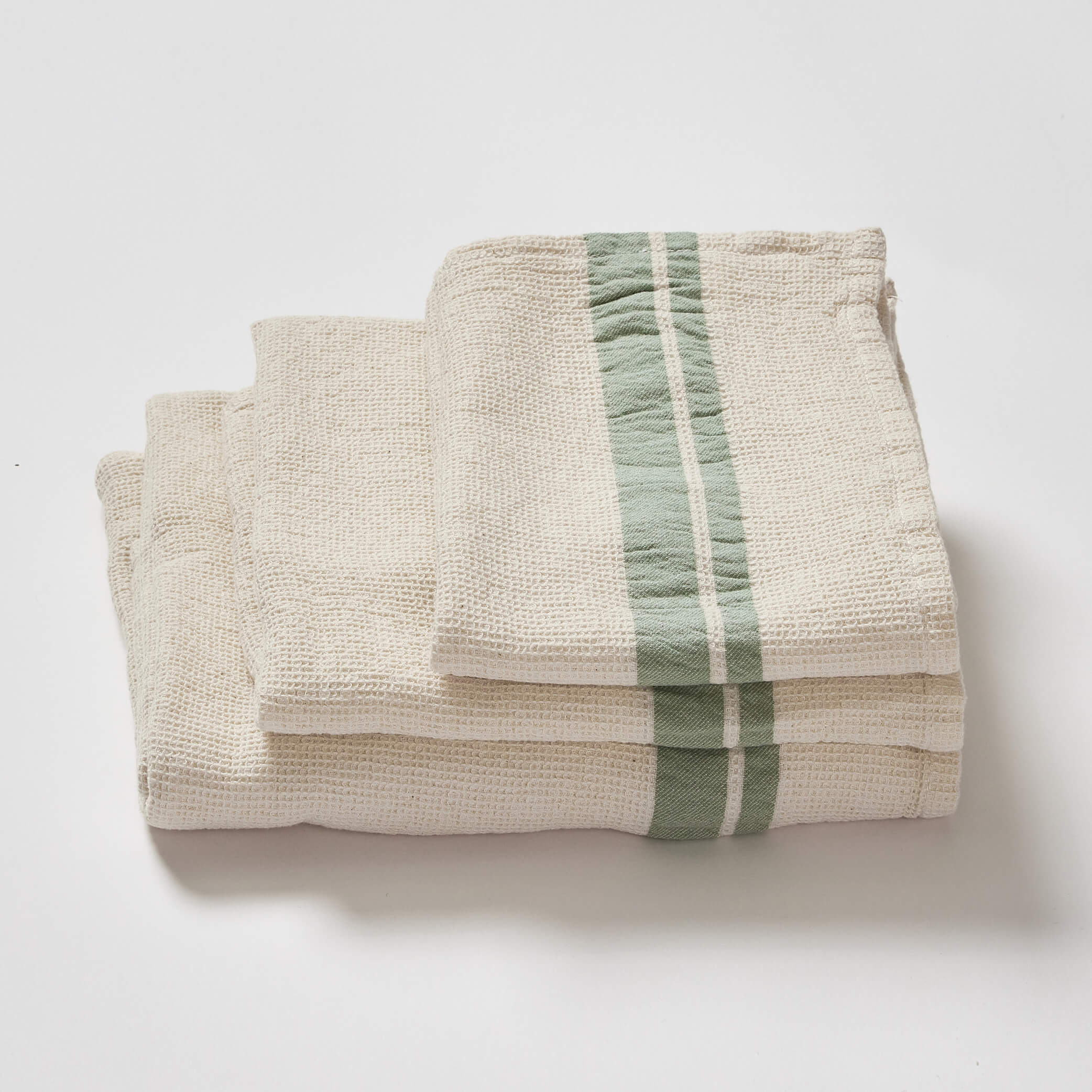 Ecru Sage Stripe Soft Waffle Cotton Towels