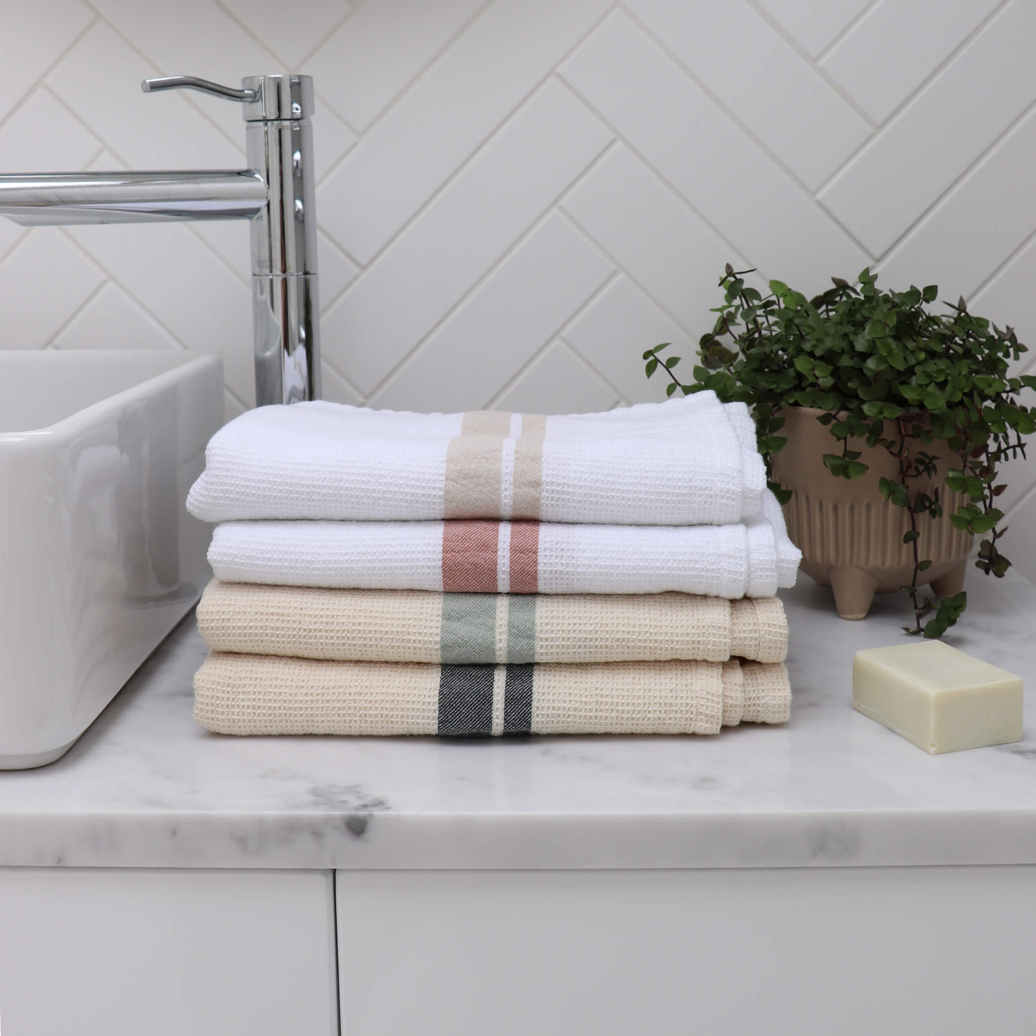 White Stripe Soft Waffle Cotton Hand Towel