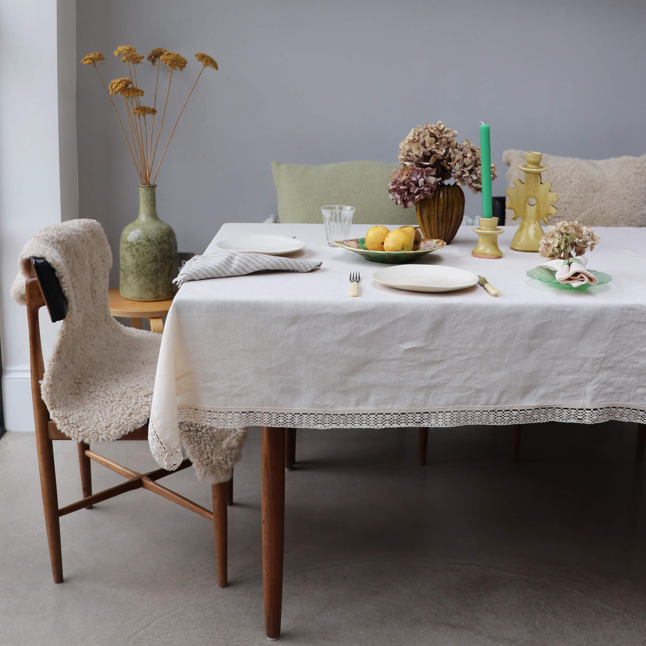 Washed Linen Cotton Tablecloth with Lace edge - Soft Shell