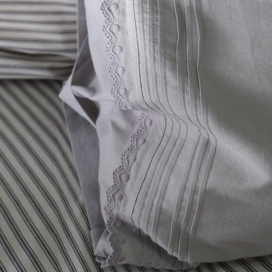 Pin Tuck Embroidered Pillowcase - Feather Grey