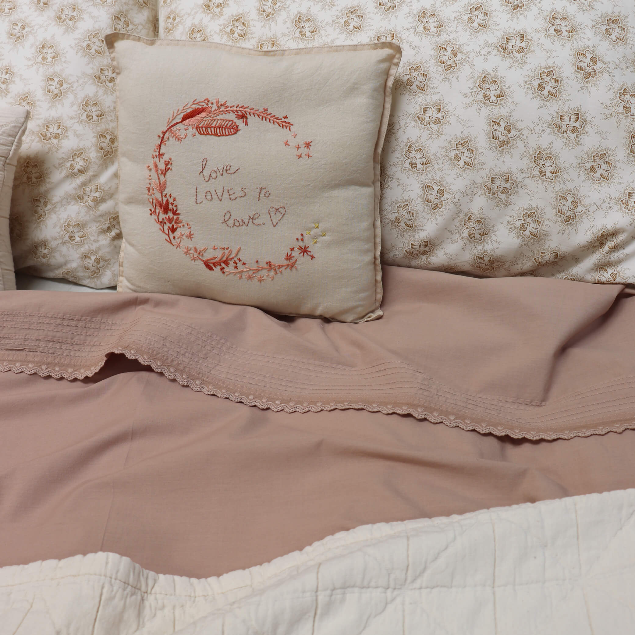 Clay Pink Pin Tuck Embroidered Duvet Cover