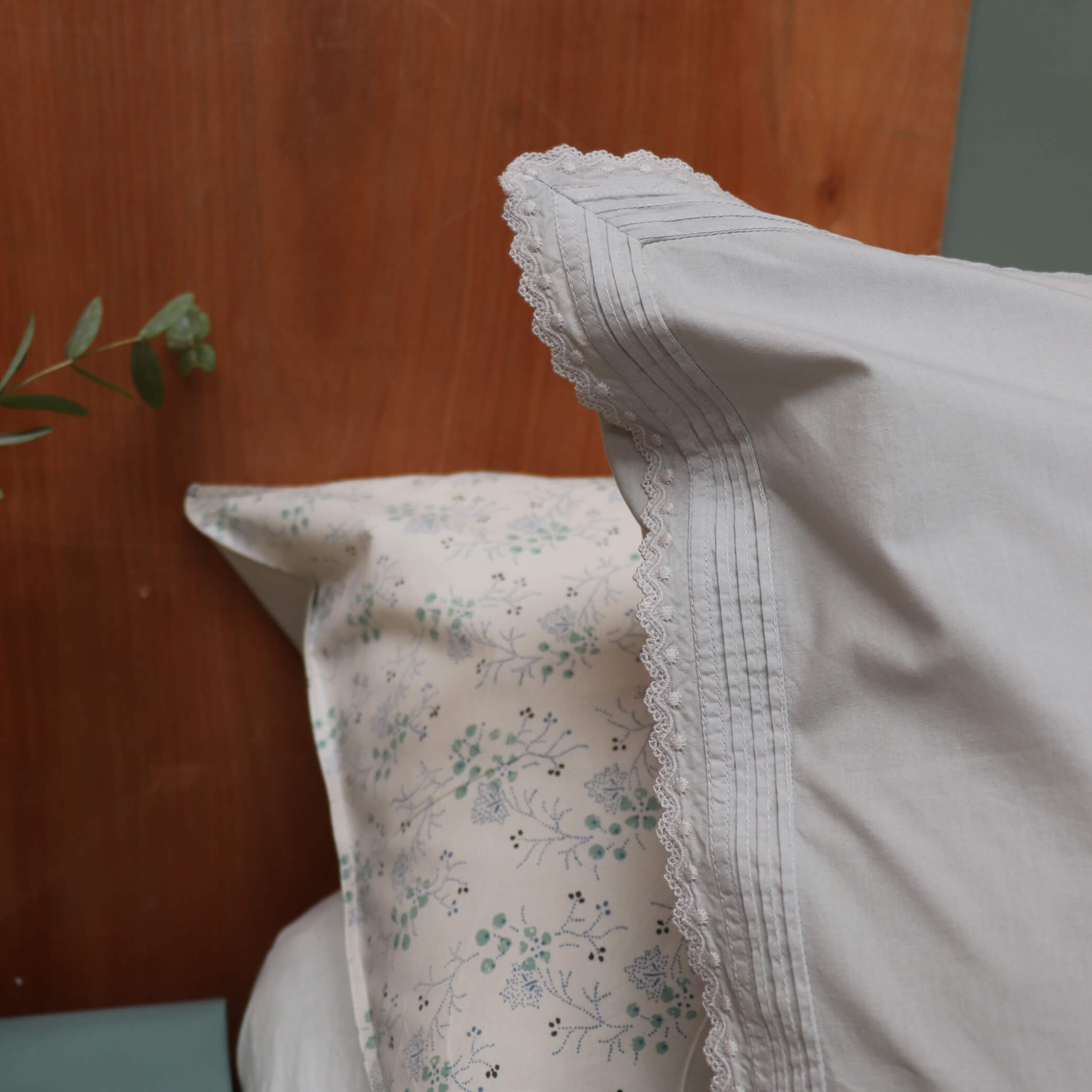 Pin Tuck Embroidered Pillowcase - Feather Grey