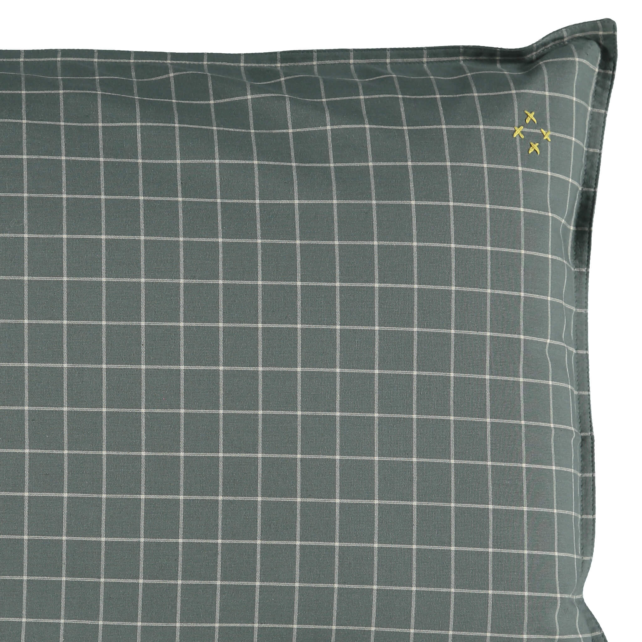 Teal pillowcase with stone check print organic cotton bedding camomile london