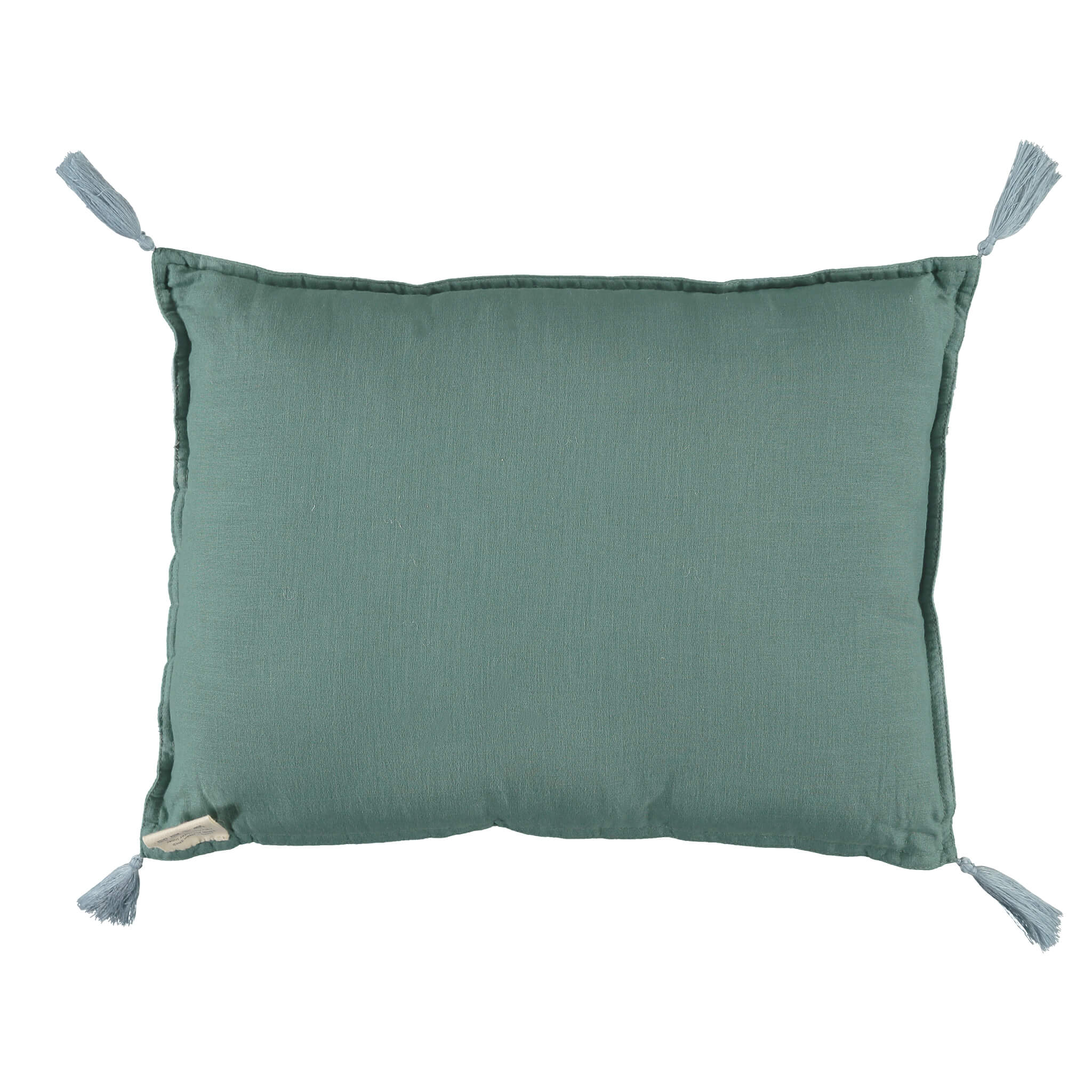 Back of a padded teal cushion by camomile london