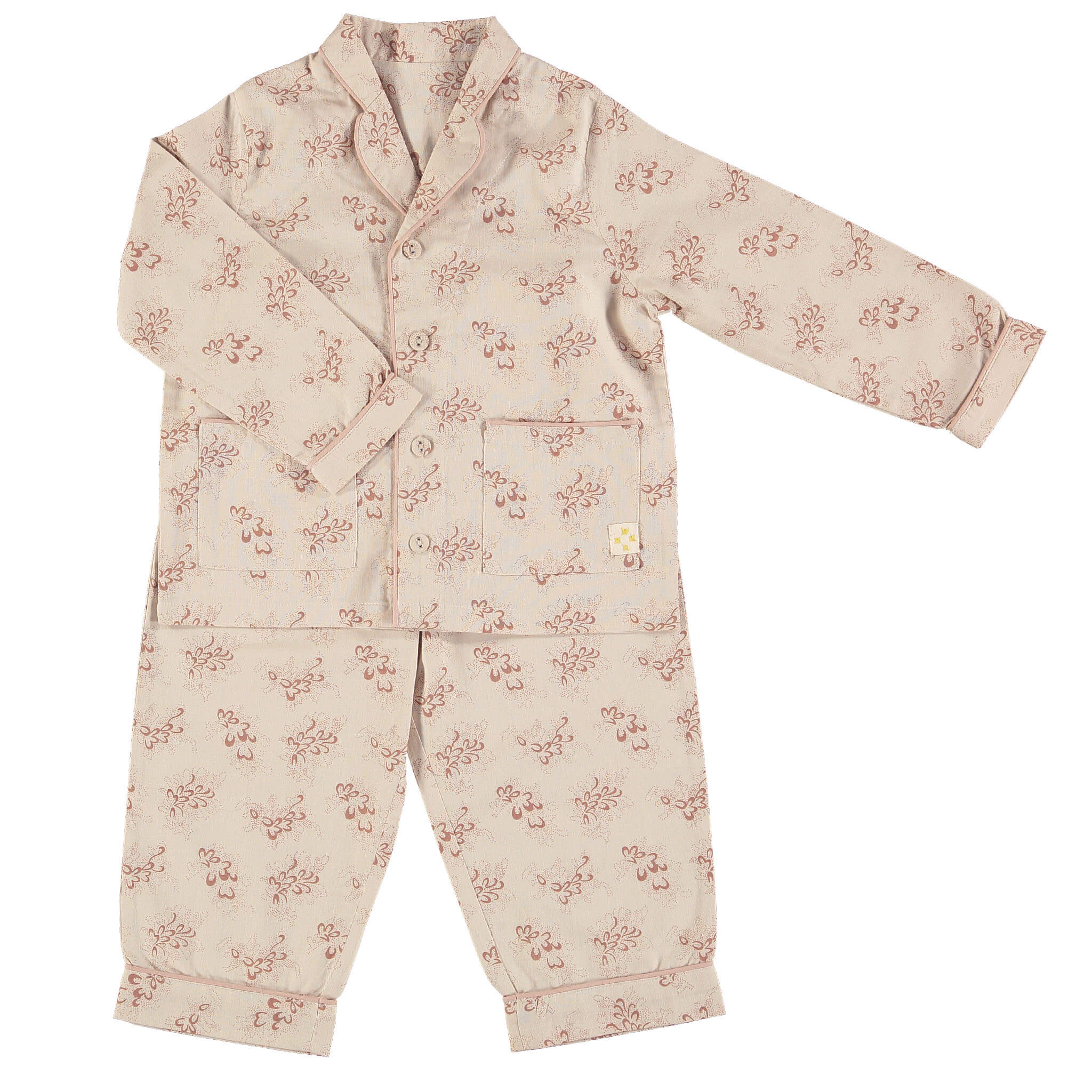 Children's / girls cotton button up pyjamas in a mink and stone Celia floral print with traditional piping and 2 front pockets