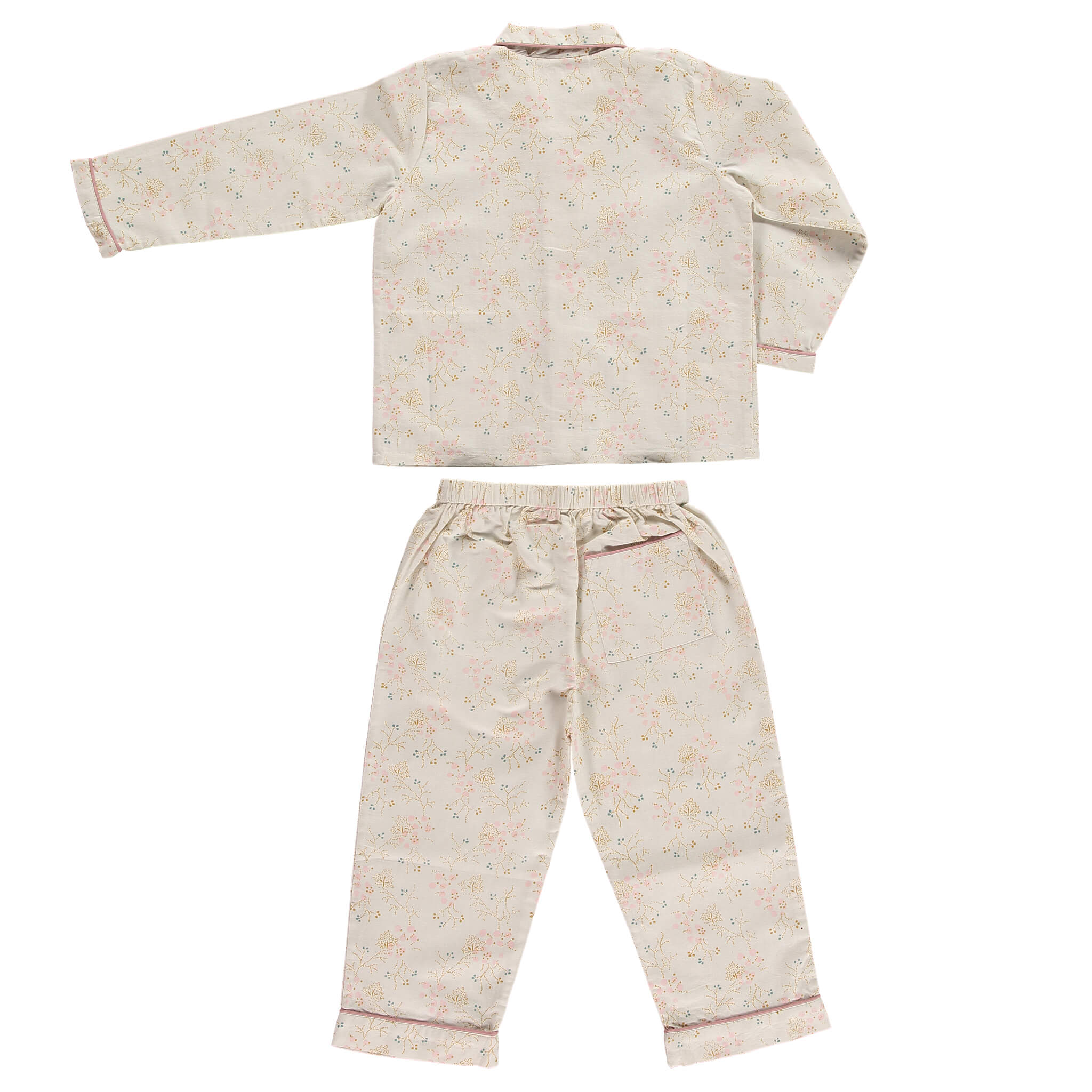 Girls 100% soft cotton pyjamas with beautiful piping detail and front pockets, comes in a muslin bag for storage or gifting printed in Minako golden by camomile london