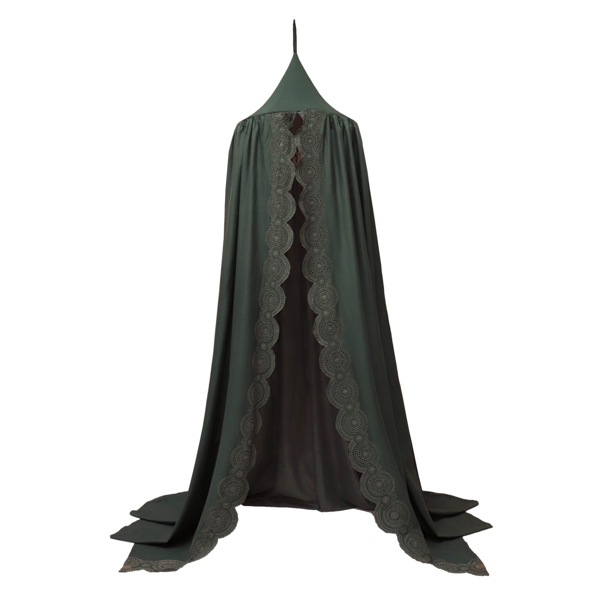 Soft cotton gauze canopy in dark green with intricate broderie anglais edging, hand cut by skilled artisans. Made by camomile london.