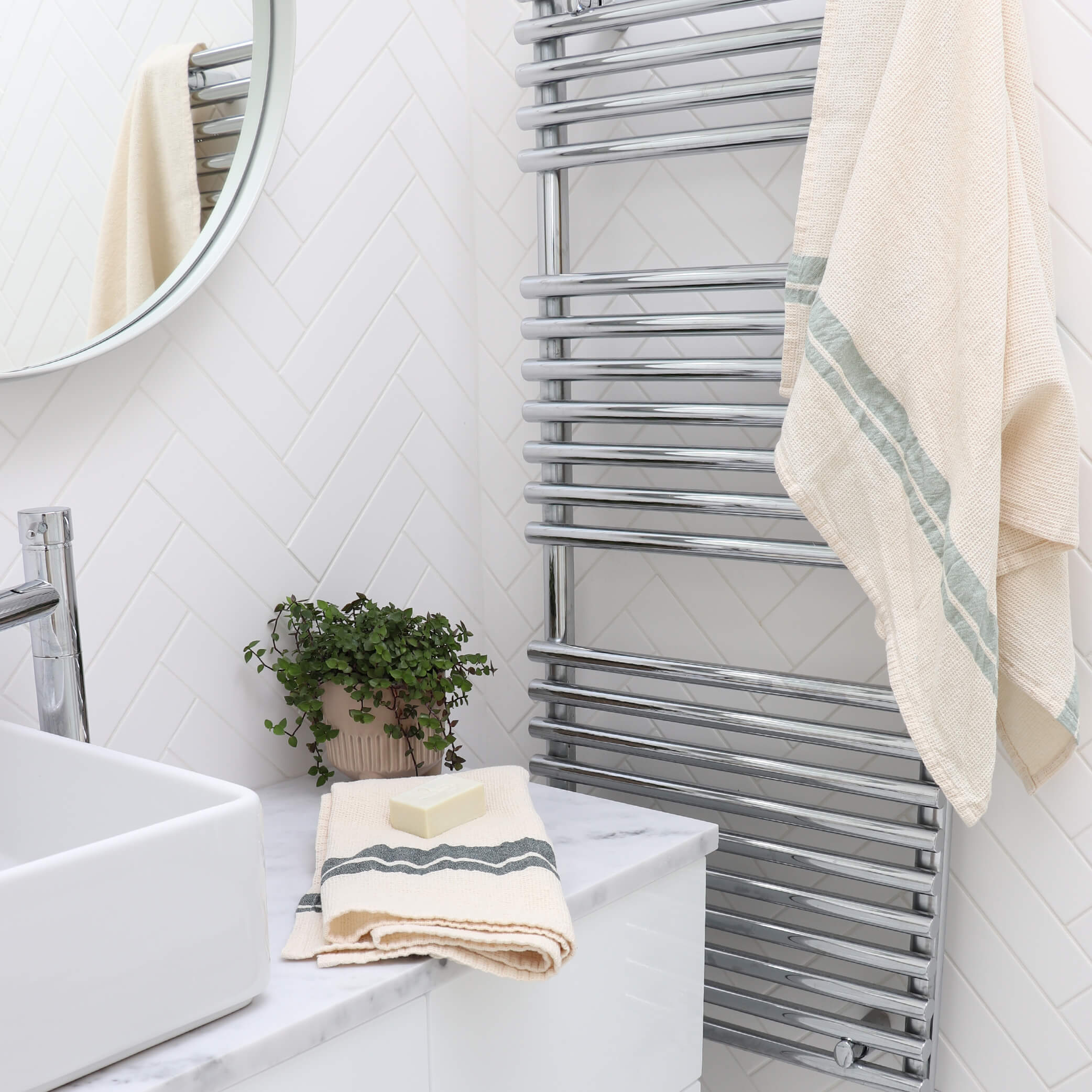 Ecru Sage Stripe Soft Waffle Cotton Towels