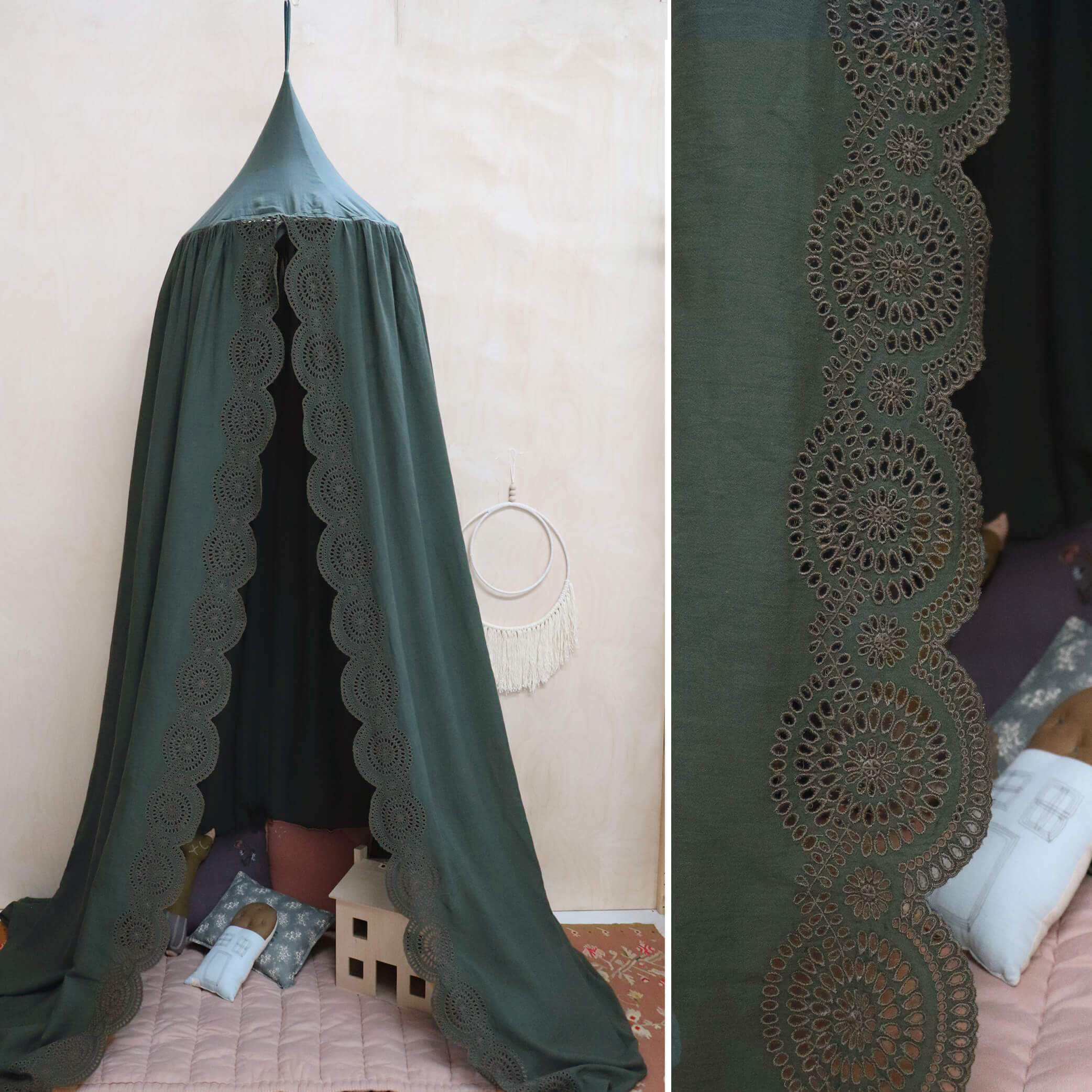 Soft cotton gauze canopy in dark green with intricate broderie anglais edging, hand cut by skilled artisans. Made by camomile london.