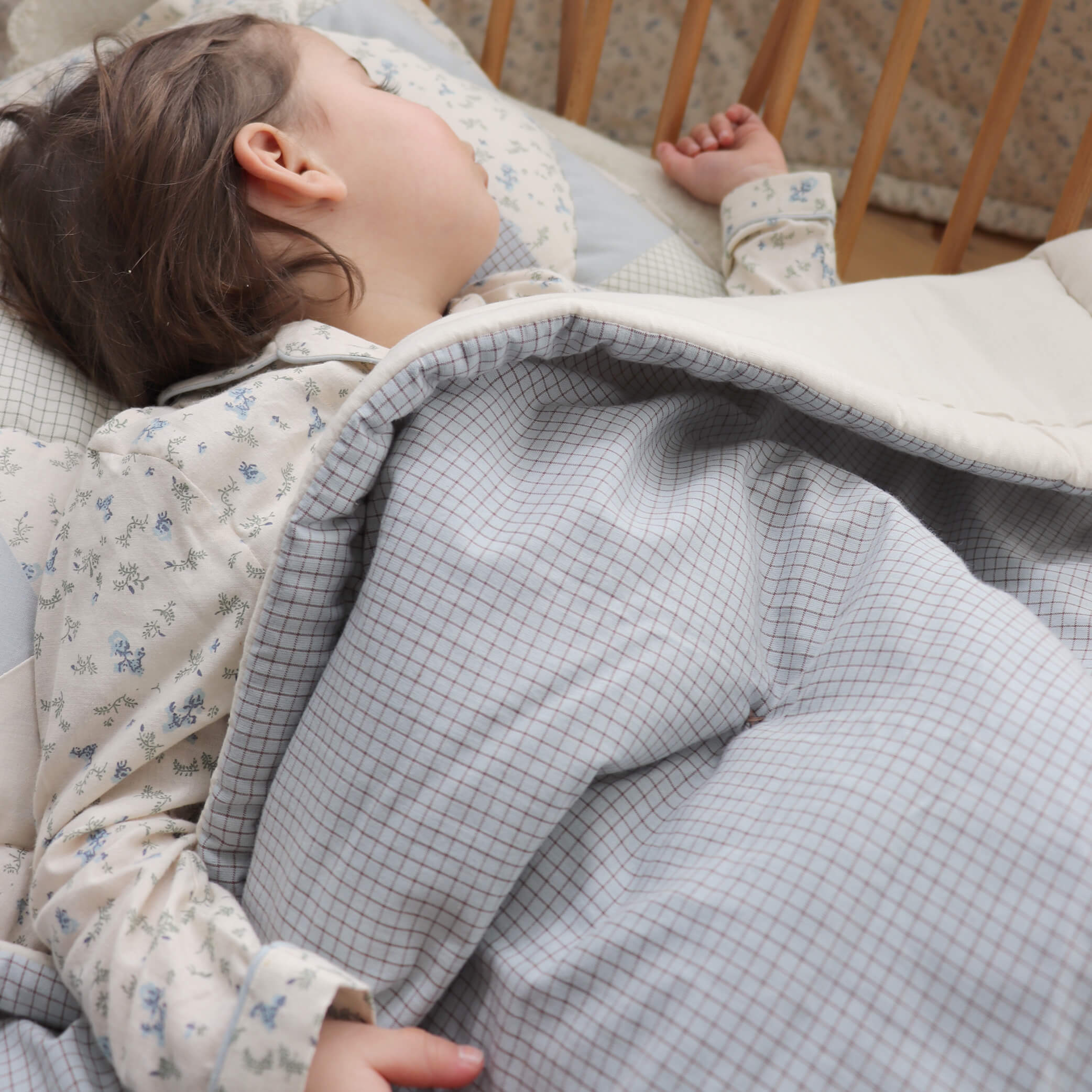 Reversible Light Blue + Coco Check Cot Blanket