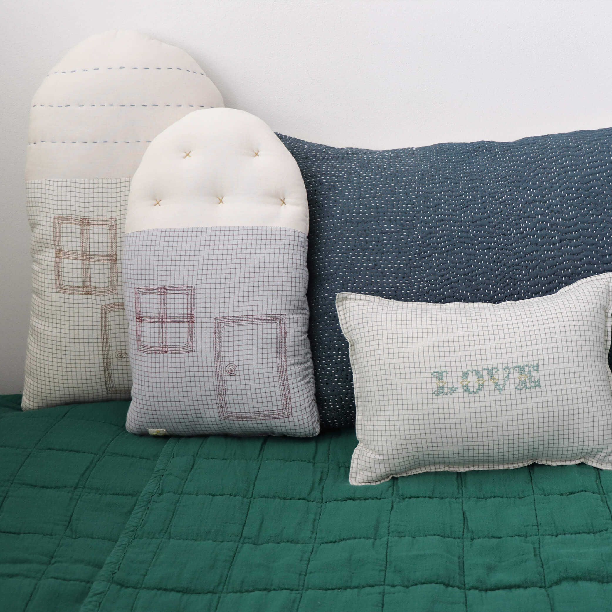 Midi House Cushion - Green Check/Stone