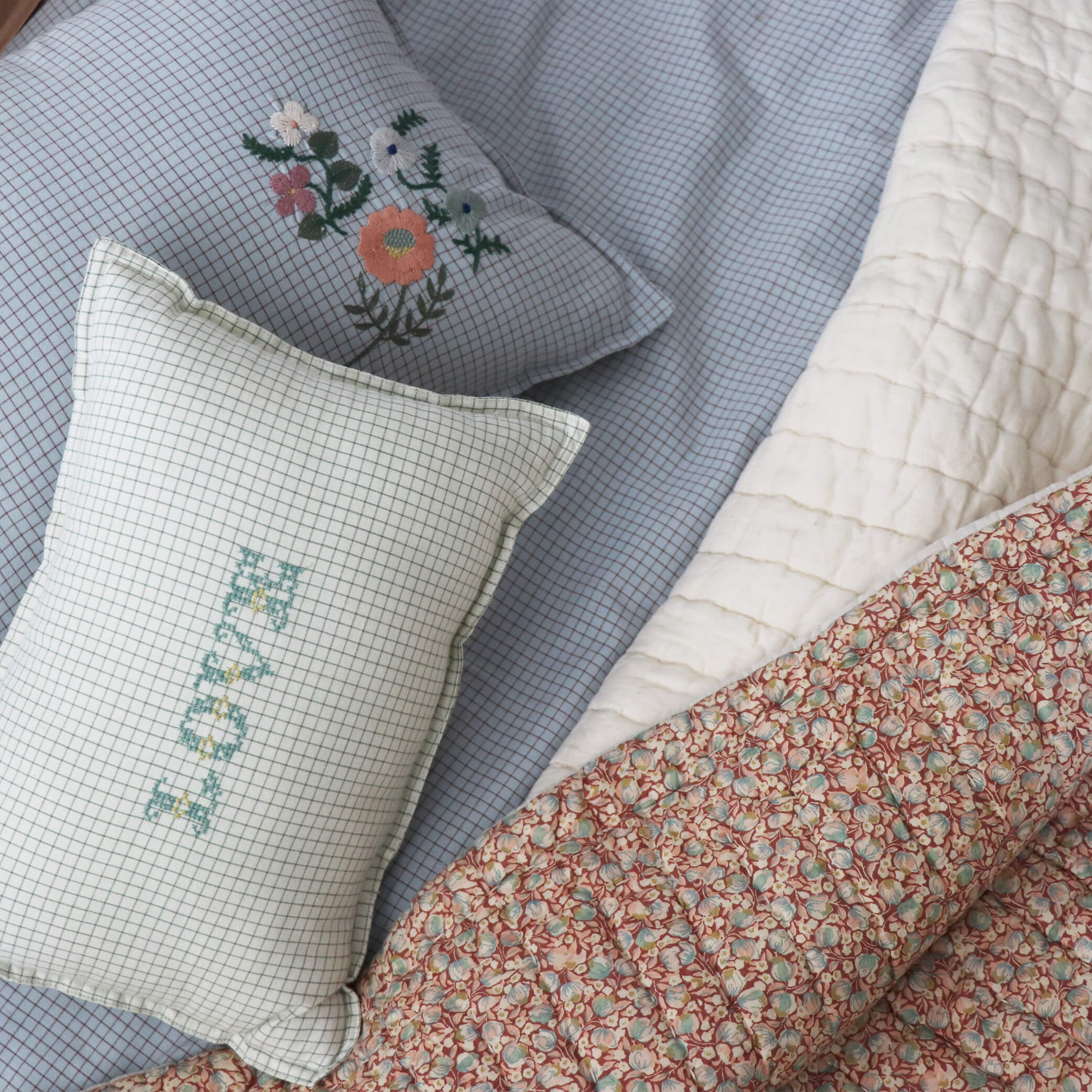 Light Blue + Coco check Embroidered Cushion Cover with Filler