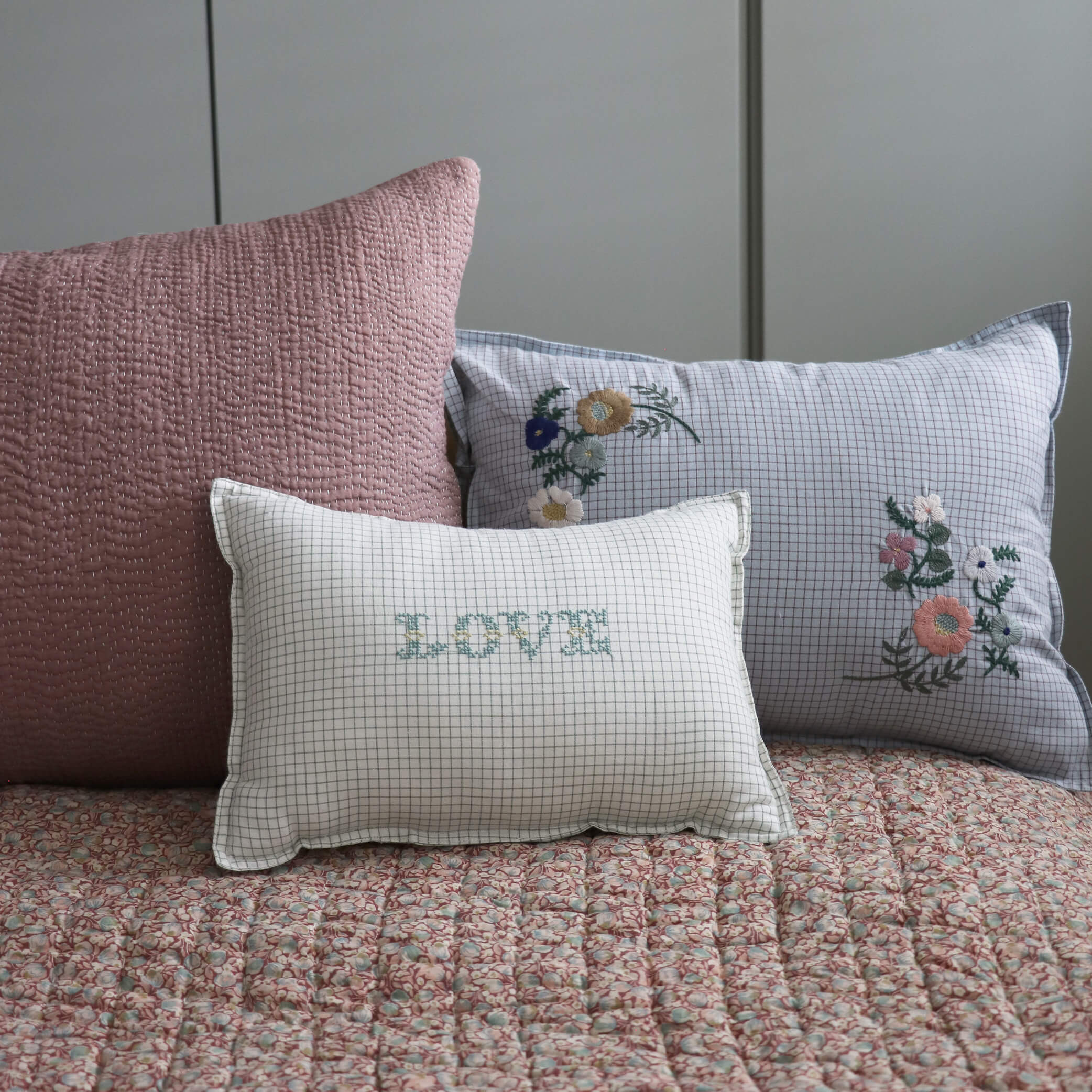 Light Blue + Coco check Embroidered Cushion Cover with Filler