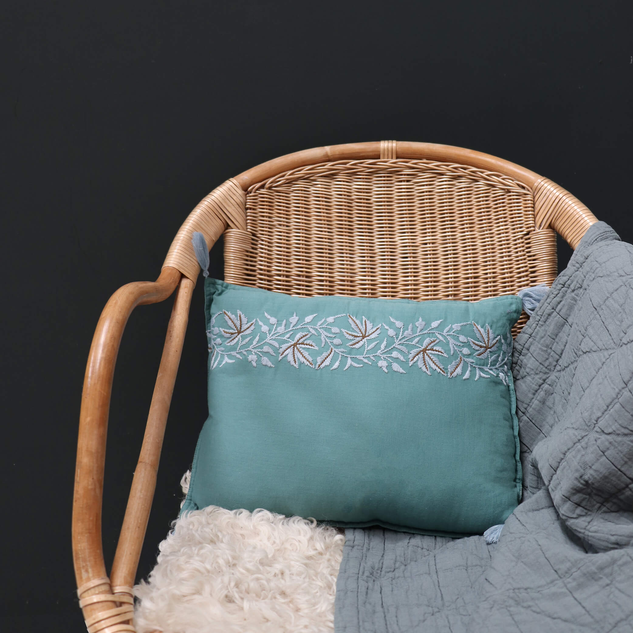 Ivy Teal Embroidered Padded Cushion